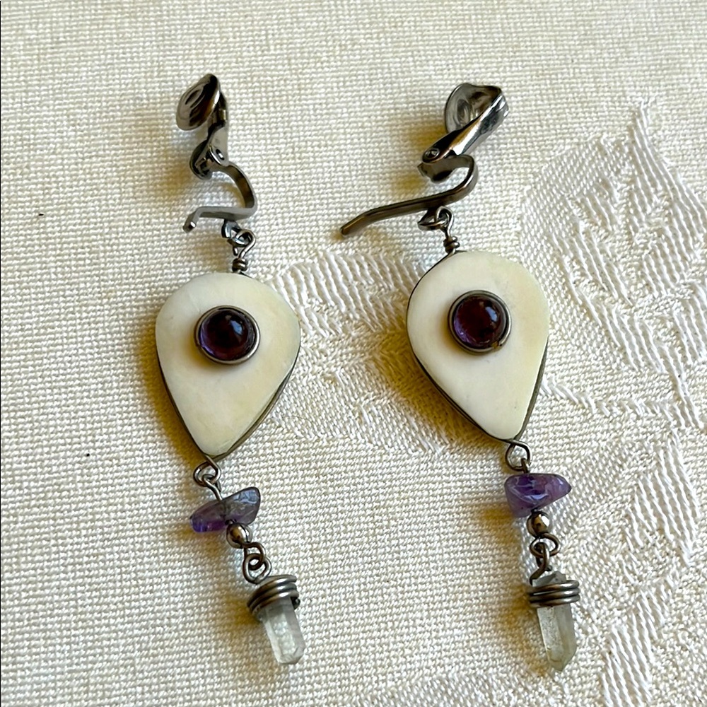Vintage, whit bone, amethyst, crystal clip on earrings.
